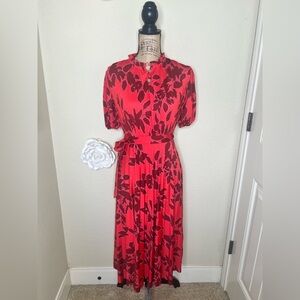 Nanette Lepore Red Floral Pleated Midi Dress Puff Sleeve Belted Size 4 Romantic